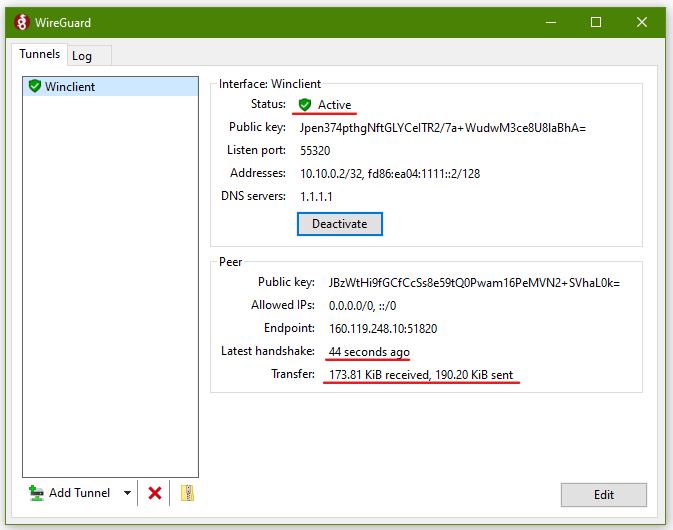 Windows WireGuard tunnel Active